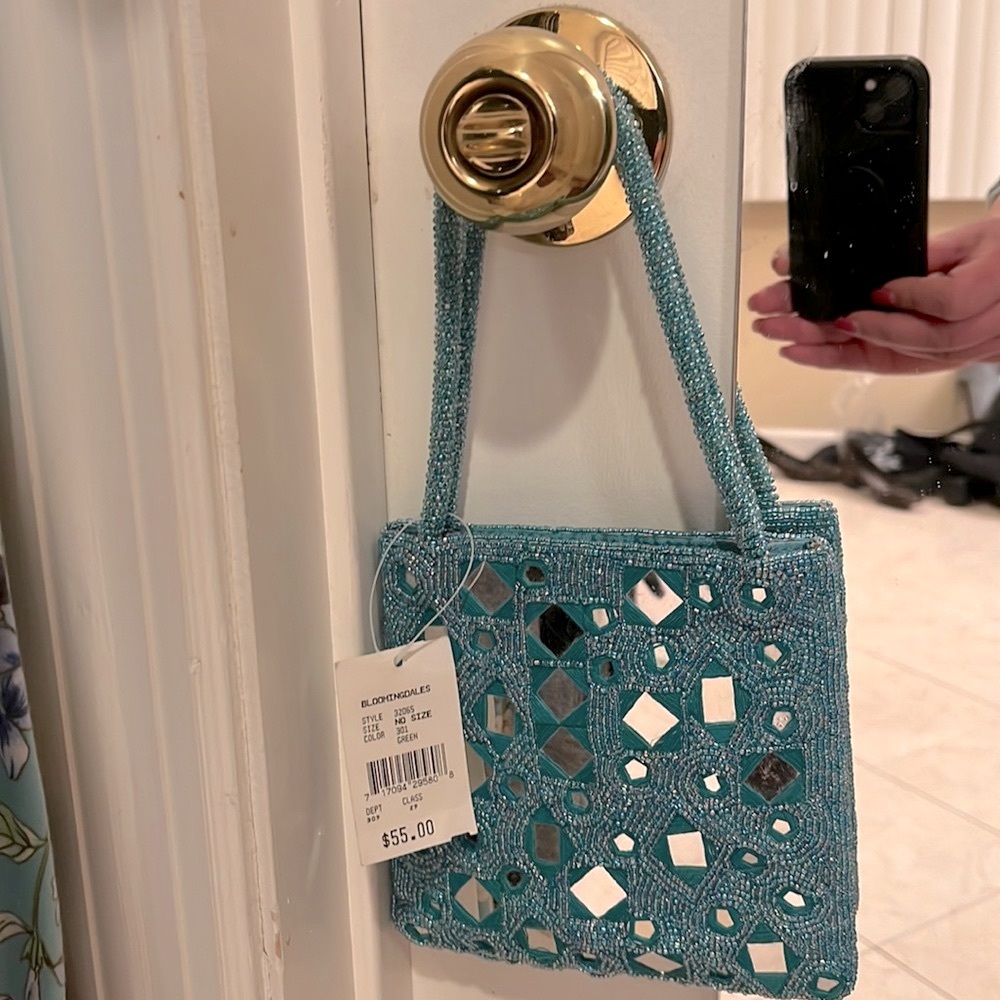 Bloomingdale’s Brand New Aqua Evening Bag With Multicolored Beaded Design